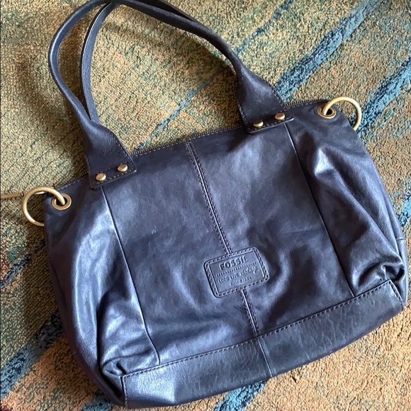 Large, soft leather Fossil handbag; deep navy - Picture 3 of 5